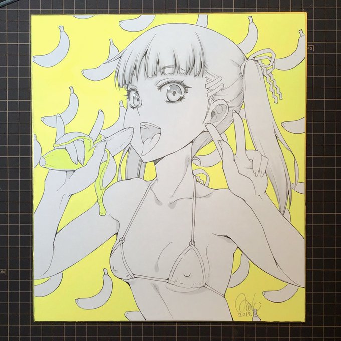 と、いう事で女の子が黄色い果物を美味しそうに食べようとするだけの健全なイラスト「イエローフルーツ」はヤフオクの方に出品いたしました。黄色い部分はアクリル絵の具です。色々と手探りでございます。 よろしくどうぞ。イラスト色紙「イエローフルーツ」  #ヤフオク 