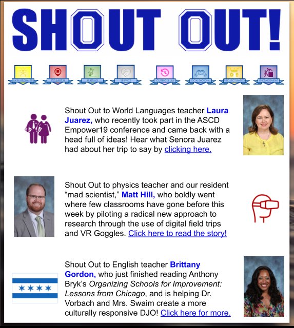 MeehanEDU's tweet photo. A4. Through our school’s @netflix style approach to PD, teachers pursue passion projects (like @Google‘s 20 Time) & post reflections on their learning to their online portfolio (Google Site), earning course credit for growth. Admin shares weekly “Shout Outs” with links. #satchat https://t.co/vrSO5pGl4q