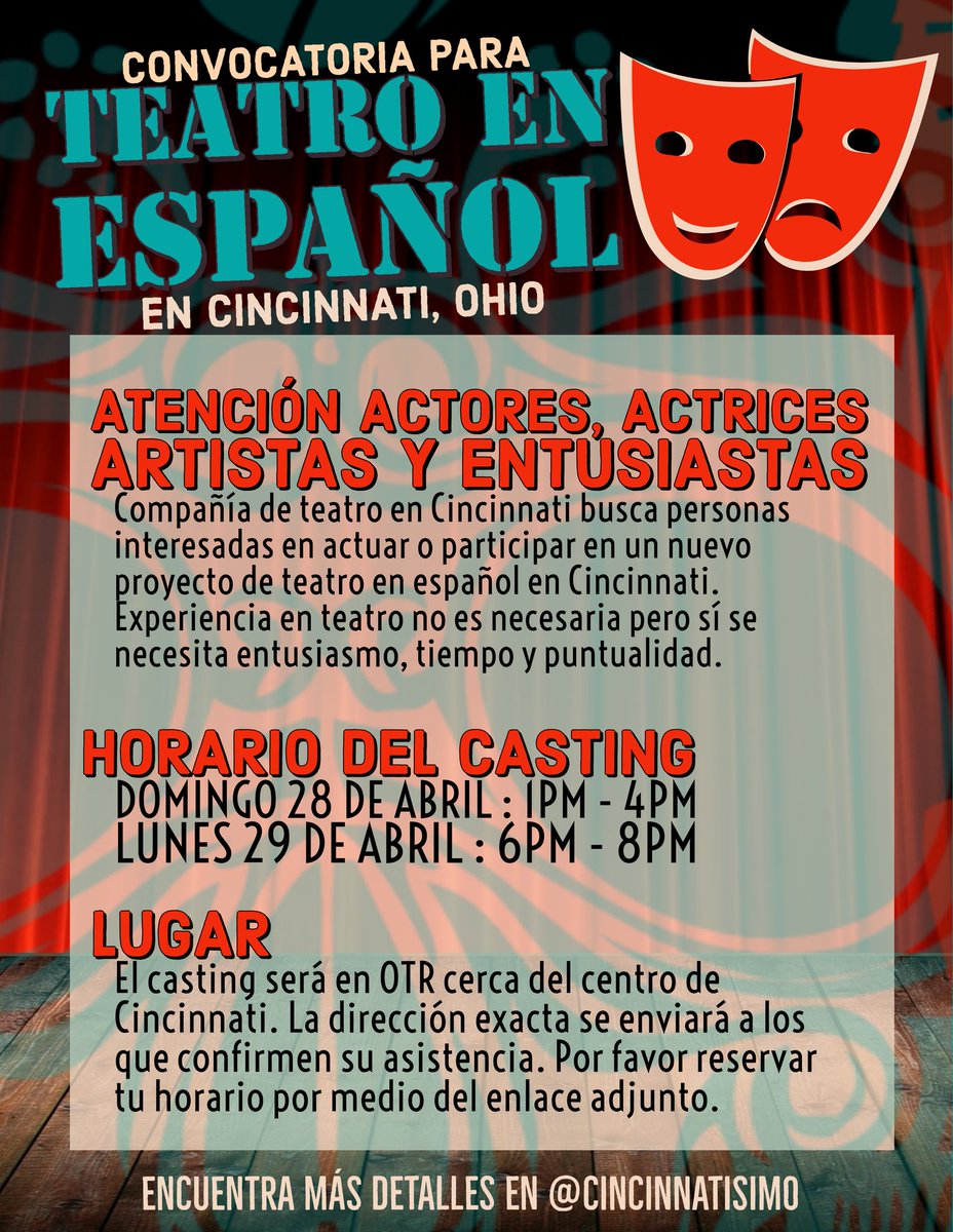 cincinnatisimo's tweet photo. ¡Atención actores, actrices, artistas en Cincinnati! Hay un nuevo proyecto de teatro en español en Cincinnati y tú puedes participar! Encuentra más detalles aquí...
https://t.co/6YpUe53PUY
¡Comparte con tus amigos dramáticos por favor! 😃
#Cincinnatisimo https://t.co/bZ42IupJjU