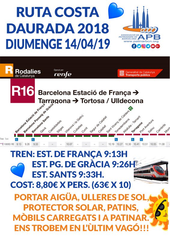 APBoficial's tweet photo. APB Costa Dauradav 14/04/19. Torre Vella, Salou. 11:30h.
Horari de tren.
#apb #patinarbcn #rutesapb #rutespatins #rollers #rutaapbcostadaurada #voluntariat #esports #Salou #VilaSeca #Cambrils #patinemperlapau #rollersapb #stoppersapb #stoppers https://t.co/DJ51UoJU4e