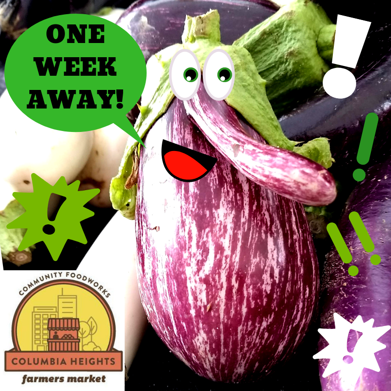 FRESHFARMCoHi's tweet photo. Just 1 week from the start of prime season at market!  The 2019 season starts on April 20th and we’re *egg-static* to begin!
#veggiepuns #eggplant #excited #ecstatic 
#communityfoodworks #cfw #cfwmarkets #farmersmarket https://t.co/Xull3O1o5I
