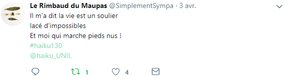 haiku_UNIL's tweet photo. Le premier prix (400 CHF) va à @SimplementSympa pour deux de ses haïkus qui ont particulièrement séduit le jury #haiku130 https://t.co/tQTOiLMogo