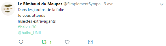 haiku_UNIL's tweet photo. Le premier prix (400 CHF) va à @SimplementSympa pour deux de ses haïkus qui ont particulièrement séduit le jury #haiku130 https://t.co/tQTOiLMogo