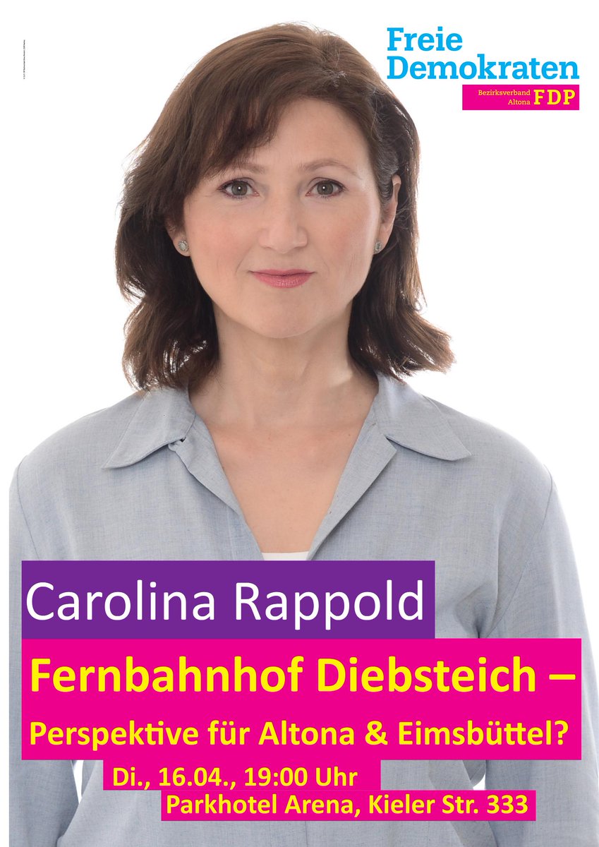 FDPAltona's tweet photo. Diskussionsveranstaltung mit Carolina Rapport (Direktkandidatin im Wahlkreis Altona) zum aktuellen Planungsstand zum Fernbahnhof Diebsteich sowie den Entwicklungschancen für die Stadtteile Altona und Langenfeld. 
Di 16.4. Parkhotel Hamburg Arena, Kieler Straße 333, 22525 Hamburg https://t.co/xj5vAdycOy