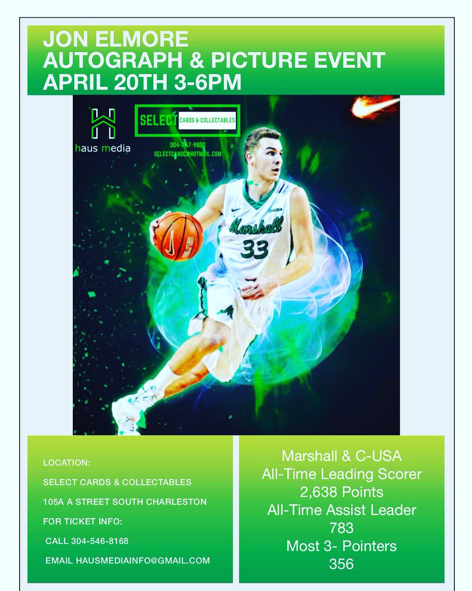 haus media (@haus_media) on Twitter photo One week from today <a href="/elmore33/">Jon Elmore</a> signing! Make sure to get your tickets! Also available at the door! <a href="/SelectCandC/">Select Cards & Collectables</a> <a href="/BarstoolMU/">Barstool Marshall</a> <a href="/MUEvents/">MU Events</a> <a href="/HerdEquipment/">Marshall Equipment</a> <a href="/ManiacsMU/">Marshall Maniacs</a> <a href="/HerdZone/">Marshall Athletics</a> <a href="/HerdNation/">HerdNation.com</a> <a href="/herdnationnews/">Marshall</a> <a href="/HerdMBB/">Marshall Men’s Basketball</a> One week from today <a href="/elmore33/">Jon Elmore</a> signing! Make sure to get your tickets! Also available at the door! <a href="/SelectCandC/">Select Cards & Collectables</a> <a href="/BarstoolMU/">Barstool Marshall</a> <a href="/MUEvents/">MU Events</a> <a href="/HerdEquipment/">Marshall Equipment</a> <a href="/ManiacsMU/">Marshall Maniacs</a> <a href="/HerdZone/">Marshall Athletics</a> <a href="/HerdNation/">HerdNation.com</a> <a href="/herdnationnews/">Marshall</a> <a href="/HerdMBB/">Marshall Men’s Basketball</a>