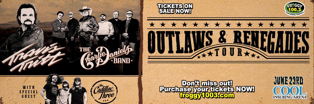 @Travistritt <a href="/CharlieDaniels/">Charlie Daniels</a> <a href="/thecadillac3/">The Cadillac 3</a> <a href="/CoolInsArena/">Cool Insuring Arena</a> Sunday June 23rd! Tickets are on-sale now at froggy1003.com #OutLawsAndRenegadesTour #TravisTritt #CharlieDanielsBand #CadillacThree #CoolInsuringArena #GlensFallsNY #Froggy1003