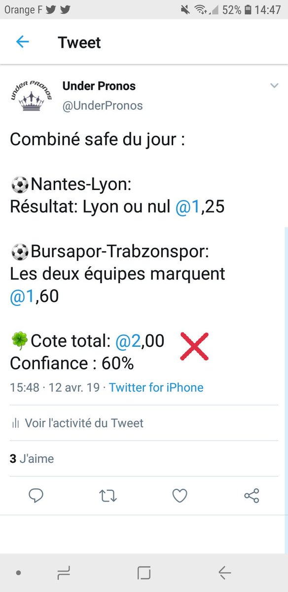 UnderPronos's tweet image. Le combiné ne passe pas malheureusement. 1er défaite de la semaine sur les combinés safes