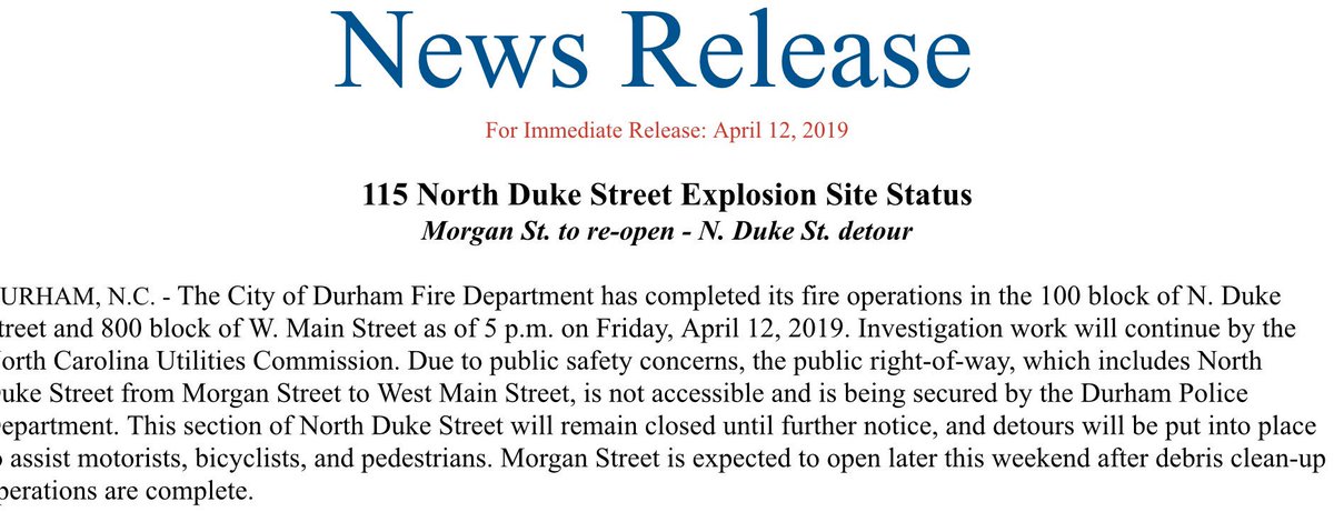 Here’s the latest update on the #DurhamExplosion scene from <a href="/durhamcityfire/">Durham Fire Department</a>. We’re working to get debris cleaned up so we can reopen Morgan St. The 100 block of N. Duke St. will remain closed with detours in place. Thanks for your continued patience, #Durham.