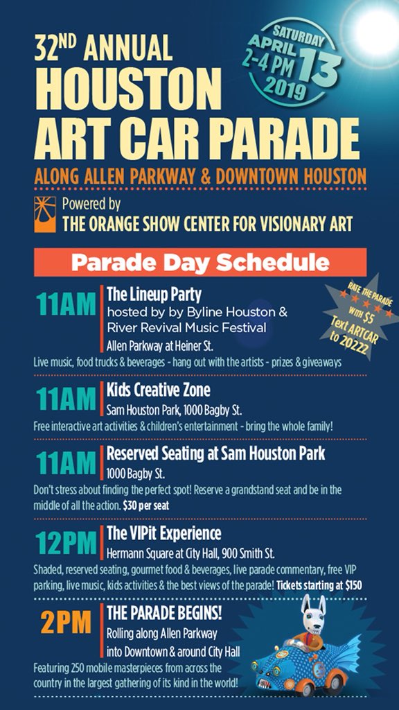 Join the Orange Show Center for Visionary Art Today in Downtown Houston for the 32nd Annual Houston Art Car Parade! 250 mobile masterpieces from across the country will converge on Houston for an exciting day of art, music, whimsy, and fun — rain or shine!