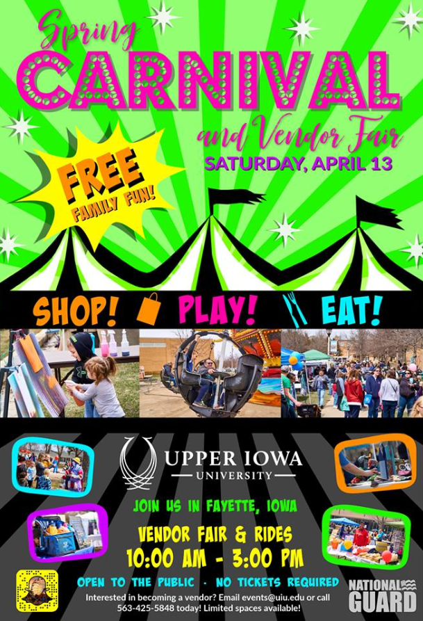 UpperIowa's tweet photo. 🎠We are only 2 hours away from UIU's FREE Carnival. 🎡

Come &amp; check out this year's midway which includes the popular Tornado and Sizzler carnival rides, a mechanical bull, bounce house, inflatable obstacle course and more!  

Be sure to stop by our local vendors, also. https://t.co/sFs87S1O84