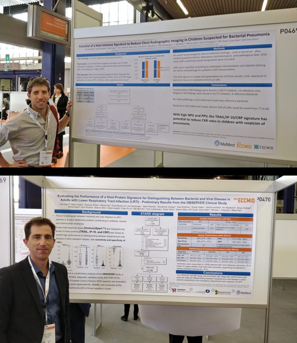 memeddx's tweet photo. MeMed clinical team is presenting posters P469 and P470 today at #ECCMID2019 @ESCMID showing further evidence to support the performance and potential clinical utility of the MeMed BV test https://t.co/i6ZziWf67w