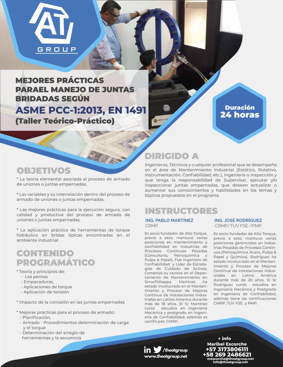 ATGroup_net's tweet photo. Capacite a su personal en las mejores prácticas para el armado-desarmado de juntas bridadas (ASME PCC-1), tenemos disponible banco de pruebas, los equipos y los instructores, para obtener el máximo beneficio. #atlascopco #atgroup #altotorque  https://t.co/JRthuDn7EP https://t.co/0mNjFFq46z