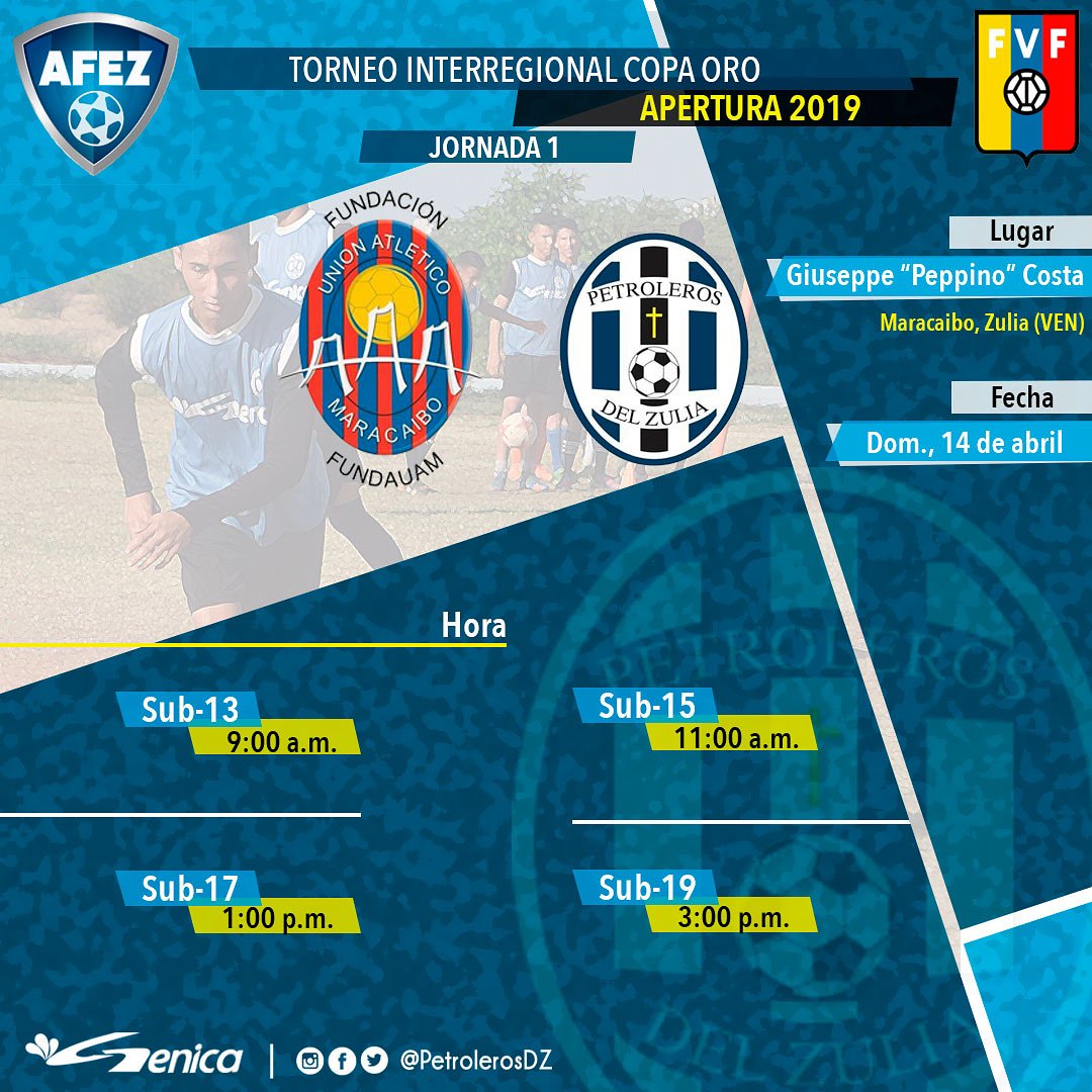 #SerieOro | J1 | Este domingo 14 de abril se disputará la primera fecha del #Apertura2019 👊🔥
•
•
JORNADA 1
🆚 <a href="/FUNDAUAM/">FUNDAUAM</a> 
📆 Dom. 14 de abril
🕐 A partir de las 9:00 a.m.
📍 Giuseppe "Peppino" Costa
•
•
#PetrolerosDZ #VamosPorMas #J1 #Fútbol #FutVe