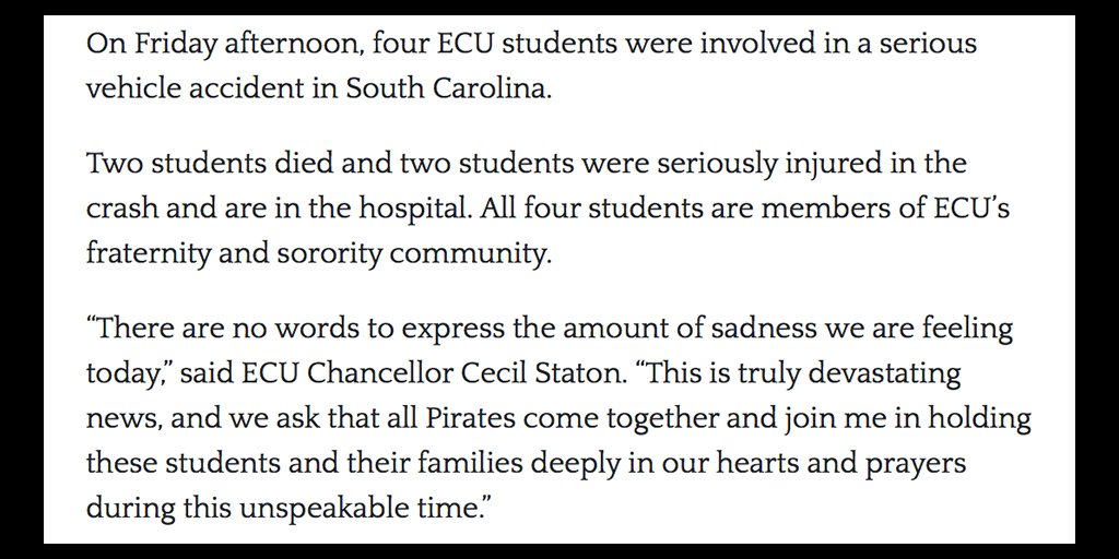 We are deeply saddened this morning to share news of the loss of members of our ECU family. Please keep the families and friends of these students in your thoughts. go.ecu.edu/8603f744

Crisis counseling services
📍 @ECUCounseling, Umstead Hall
📞 252-328-6661, option 2