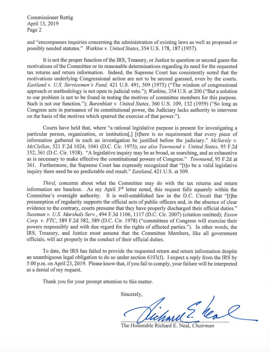 This morning, chairman @RepRichardNeal sent the following letter to IRS commissioner Rettig after the IRS missed the April 10th deadline to furnish six years of the president’s personal & business #taxreturns:
