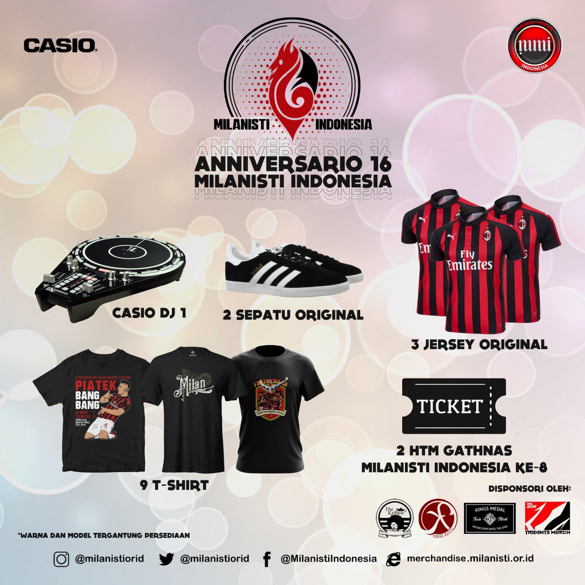 Acara Gratis!
Banyak hadiah keren keren juga dari <a href="/magliamilanindo/">Maglia Ac Milan</a> @casiomusicindonesia @official_kings_medalcloth <a href="/the_kribow/">Syarif Hidayat</a> @cal7cio_sportwear @tridentemerchandise <a href="/kaosnobar/">ESPULSO ▶❌◀ nobar.outfit</a>

Milanisti Member non Member gass Kuy besok 🔴⚫💪
 
#AnnivMI16 #Fam16lia #ACMilan #MilanistiIndonesia