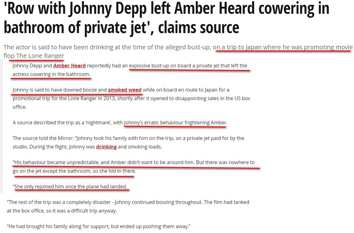 Plane incident. See the difference. Back in 2016 Amber's team claimed it happened in 2013 during the Lone Ranger promo trip to Japan. And Amber had to hide in the bathroom. Now she claimed the incident happened on May 24, 2014 on the flight from Boston to LA.