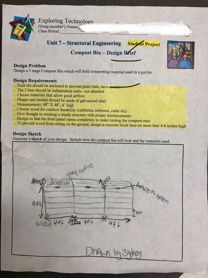 TBFarm2School's tweet photo. What a blast today reviewing 7th grade Greco STEM compost designs with Dr. Trent Green and USF School of Architecture students Tyler Dobson and Ana Cheng! Thank you  Mr. Lewis, Principal Olson and Dr. Russ for supporting this project. @GrecoSTEM @Grecoms #STEMeducation https://t.co/NpAm46ONIa
