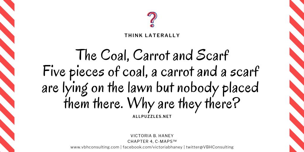 VBHConsulting's tweet photo. The coal, carrot and Scarf

Five pieces of coal, a carrot and a scarf are lying on the lawn but nobody placed them there. Why are they there? #Lateralthinking puzzles #riddles for #Saturday. #writingcommunity https://t.co/fseY8TZcOB