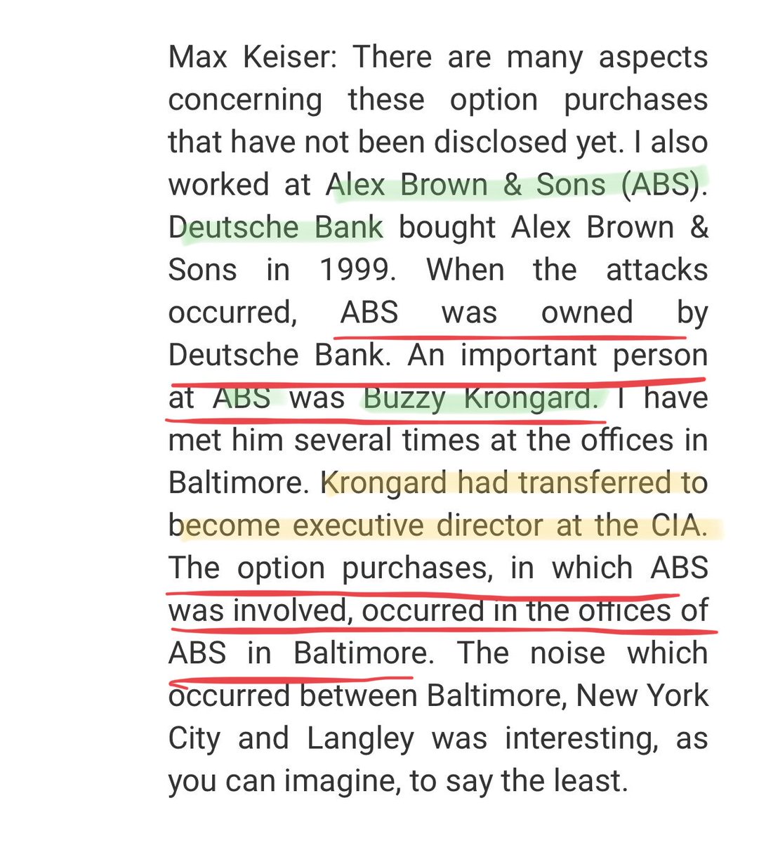 Alex Brown & Sons, ABS, where Buzzy Krongrad worked was purchased by Deutsche Bank in 1999. ABS is where the 9/11 hijackers handled their banking transactions AND coincidentally where  @united put options were traded