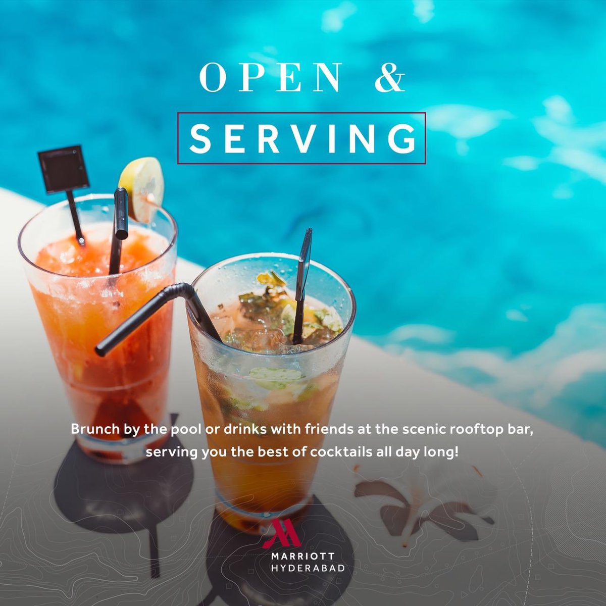 HydMarriott's tweet photo. Open and Serving : Refreshing cocktails all day long at #marriotthyderabad 
#cocktails #sundaze #sundays #nowserving #cocktailsofinstagram #boozysunday #poolsidebrunch #rooftopbar #alldaydining #marriottinternational #hyderabadlife #hyderabad #marriotthotels https://t.co/x56MVSL9kL