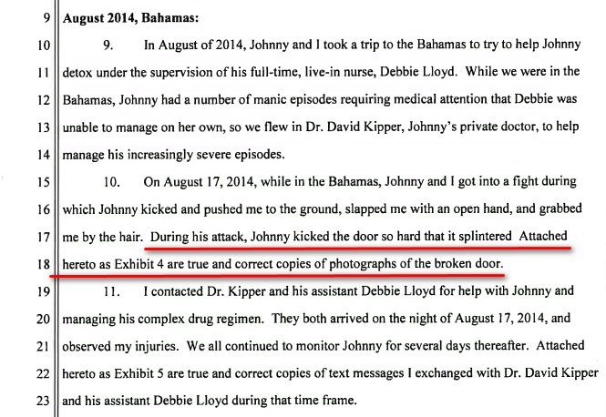 Again. Bahamas 2014 and her claim that "Johnny kicked the door so hard that it splintered". Photos attached as Exhibit 4. Open Exhibit 4 and see the massive door and part of a blue beton wall. Where on his island where all the houses are wooden she found that door and that wall?