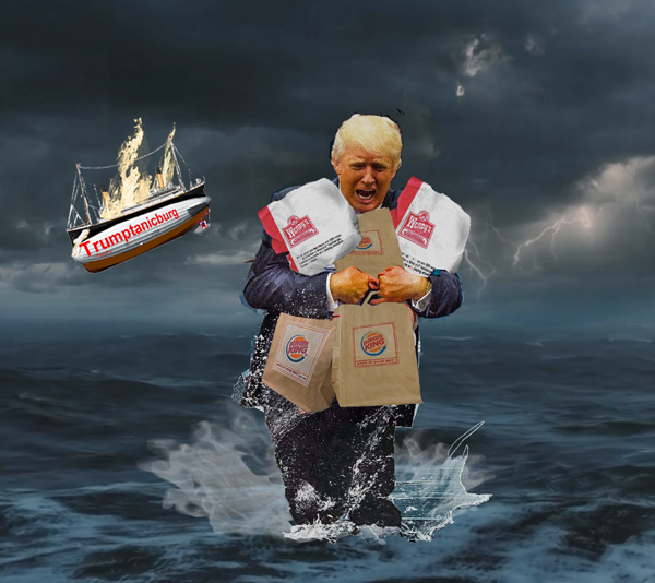 GreyHawk121's tweet photo. @milesjreed Meanwhile, @HairGropenfuhrer is escaping with a hastily-assembled supply of #Hamberders. #TheSinkingOfTheTrumptanicburg #Trumptanicburg #FailGOP #Fake45 https://t.co/O2eLB7m1i2