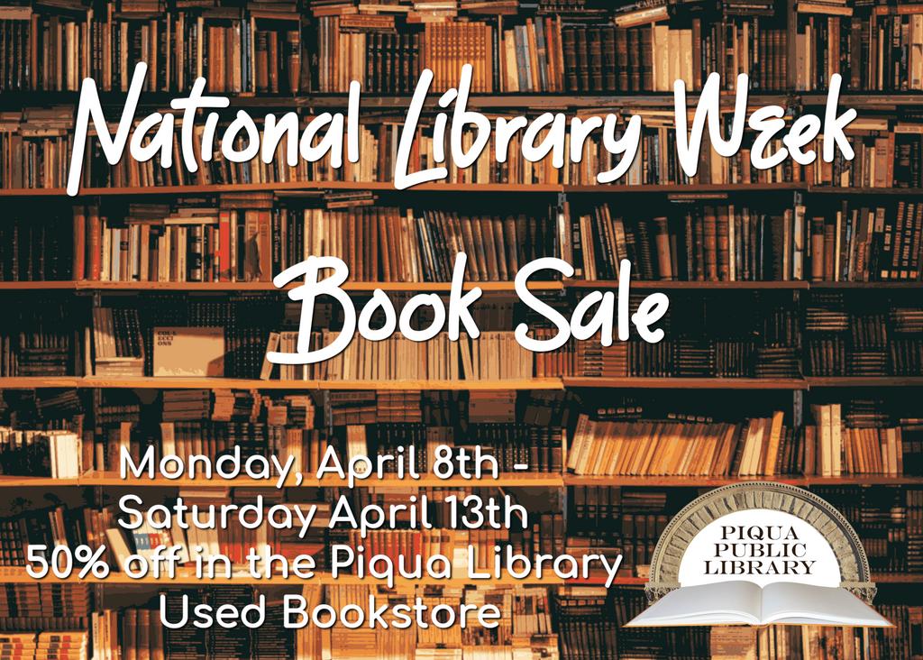PiquaLibrary's tweet photo. Today is the #LASTDAY for our #NationalLibraryWeek #booksale at the #PiquaLibrary! Our 50% off sale ends today, Sat April 13, stop by and see what bargains you can find! ๐ #LibraryBookStore #PiquaLibraryBookStore #ThisisPiqua #PiquaOhio #ShopSmall #ShopLocal #usedbookstore https://t.co/fSyITvlTQ1