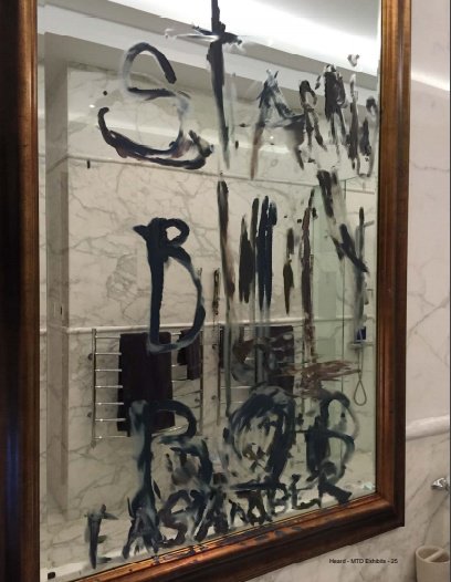 Again, Australia. And Amber's story about JD's messages he left with oil paint and blood. No blood is seen. Pic 1 and Pic2 look like it was the same bathroom and the same mirror, just different angles. One made with oil paint, another one with a sharpie.