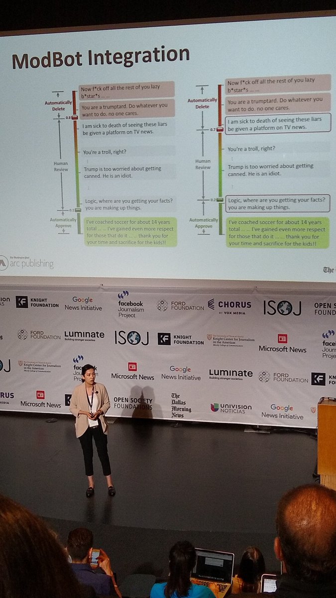 yelinares's tweet image. En el @washingtonpost desarrollaron un robot (#ModBot) que les permite calificar los comentarios y borrar los irrespetuosos, rápidamente. Así los periodistas dedican más tiempo a generar conversaciones de calidad #ISOJ2019