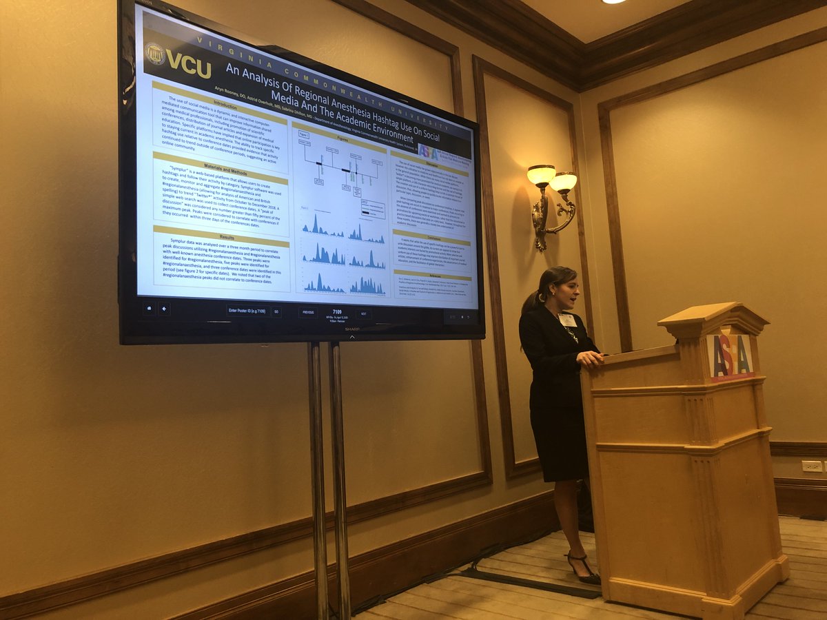 CA2 Aryn Rooney presents her poster regarding the analysis of #regionalanesthesia on twitter, showing that academic interests may be buried under promotional activity. #SoMe #ASRASpring19
