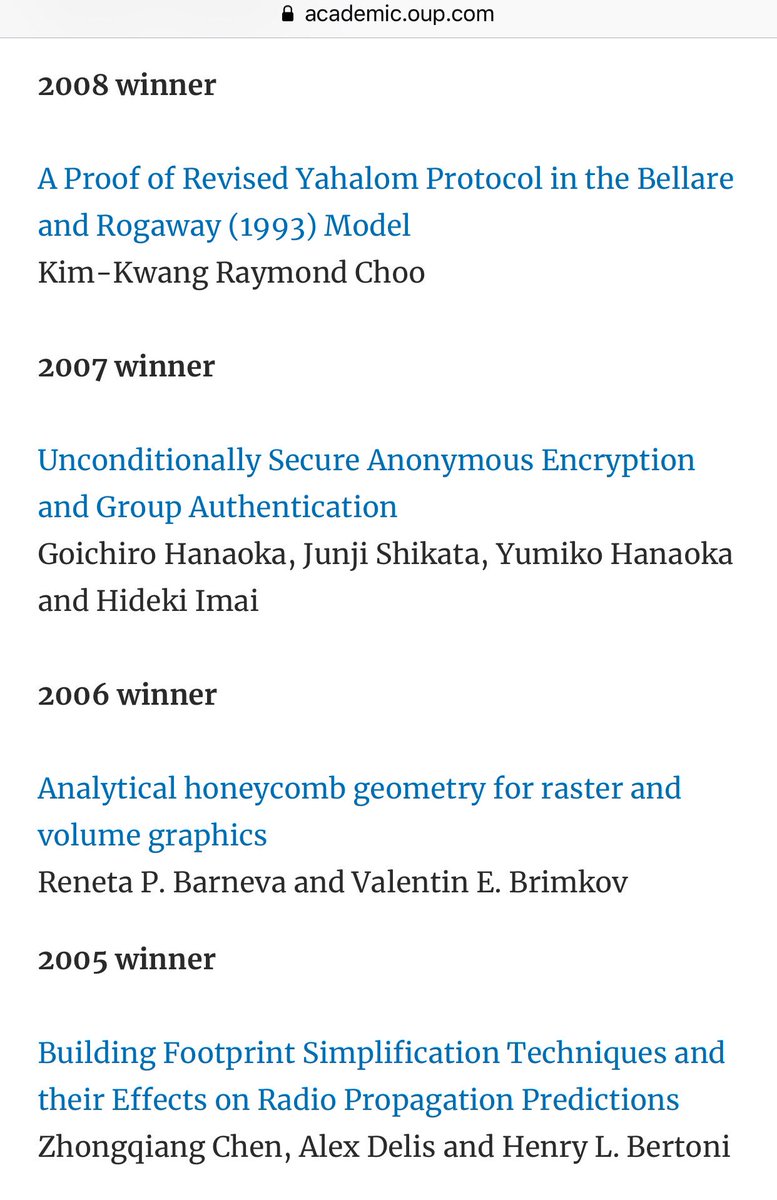RaymondChooAu's tweet photo. Humbled to learn that our paper published in The #ComputerJournal, #OxfordUniversityPress, is the 2019 #WilkesAward’s Runner-up https://t.co/sfRhtc3B3Z (my paper also received the Wilkes Award in 2008 - https://t.co/sfRhtc3B3Z) #UTSA #UTSAResearch #crypto https://t.co/yzE4W8kOSc