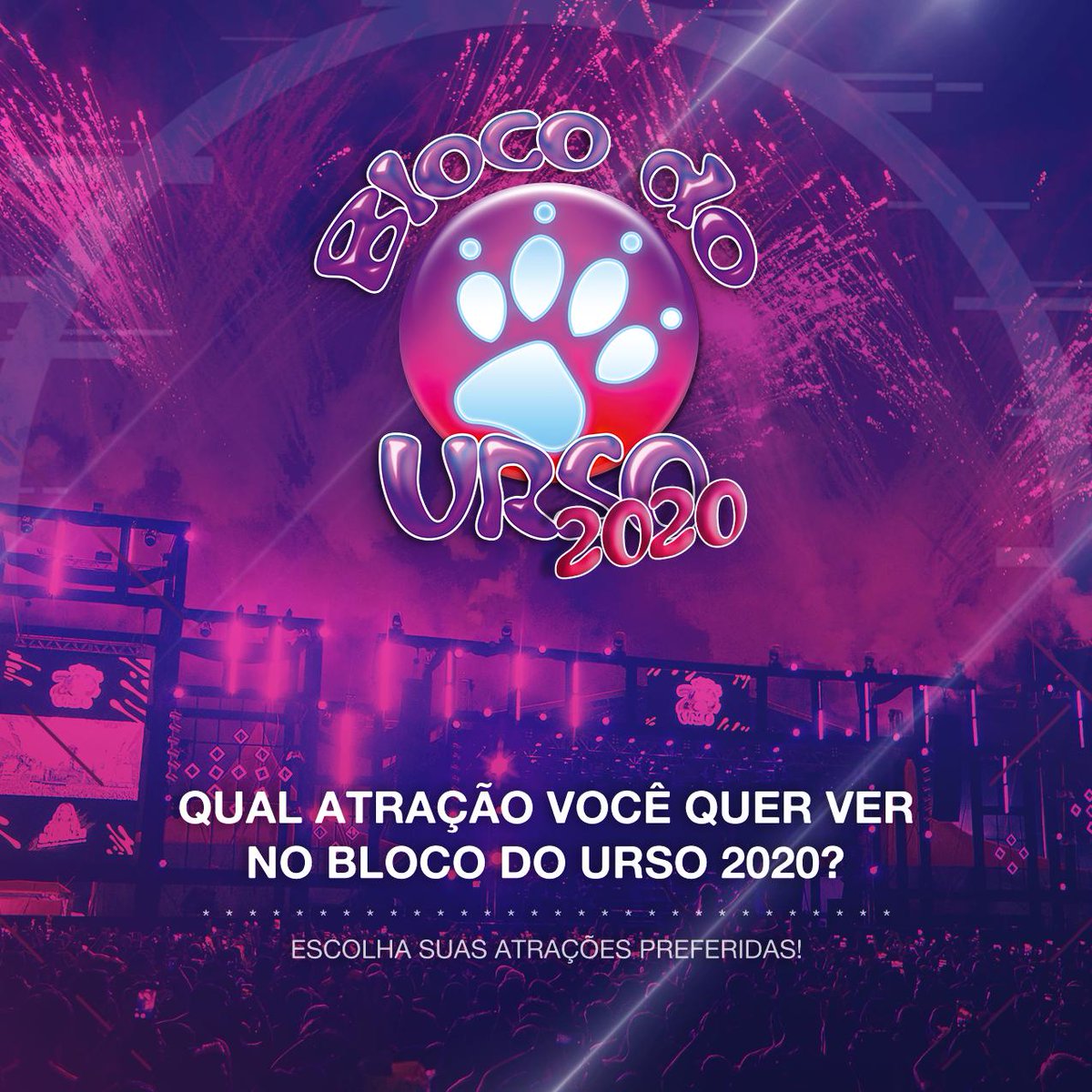 blocourso's tweet photo. Se liga Folião! O Urso quer saber qual atração você quer no Bloco do Urso 2020. Bora votar!?
https://t.co/GT4c9smla2
Participe e concorra:
5 Área Vip para o Bloco do Urso 2020
10 kits contento um boné + copo + tirante
Regras de participação no site do Urso. https://t.co/OZgpTGOKW2