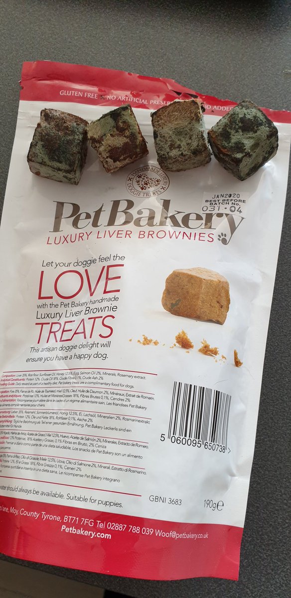 VinnyShek's tweet photo. @petbakeryuk, hi there. I bought these yesterday from a pop up shop at work. Its got a best before date of jan2020 and just opened it and they are covered in mould. https://t.co/ZuHYWiTR10