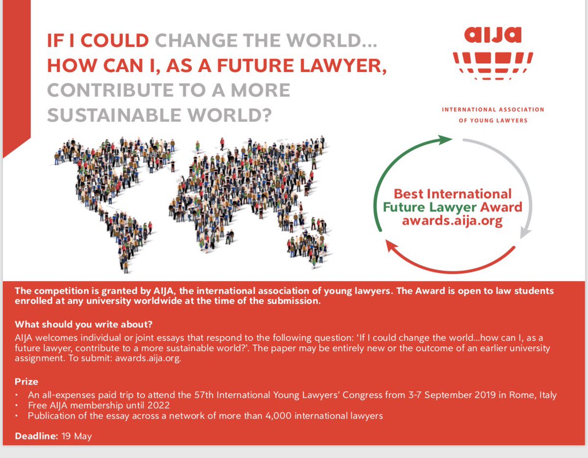 AIJA'nın yeni yarışması, bu yılın "Best International Future Lawyer Award 2019" ödülü ve tüm bilgilendirmeler için link  awards.aija.org 
<How can I, As a future lawyer, contribute to a more sustainable world?> Başvuru için gerekli bilgiler afişte mevcuttur.