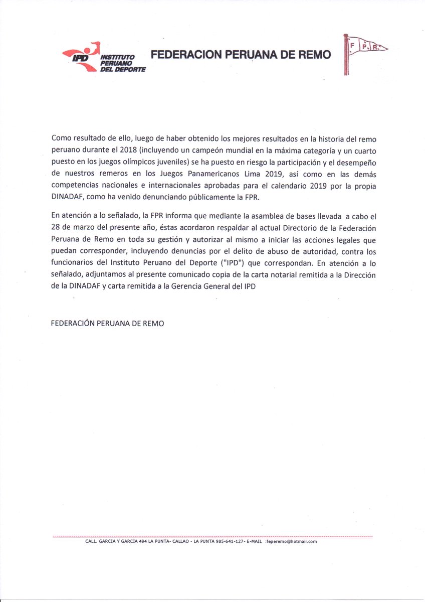 FPR_PE's tweet photo. ***COMUNICADO N° 004-2019***
#REMO
#PANAMERICANOLIMA2019
#DEPORTE
@MineduPeru https://t.co/Yp3WeEvrrQ
