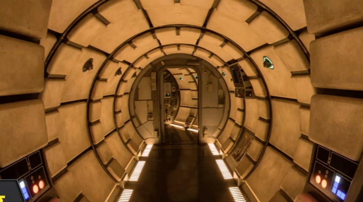AshleyLCarter1's tweet photo. New detail revealed about Smugglers Run. The hallway in the Millennium Falcon will change at the end of the ride, depending on how well you pilot the ship. If you have a good run, the hallway is pristine. A bad run? Sparks might fly. #StarWars: #GalaxysEdge #SWCC https://t.co/RUbI48Okfc