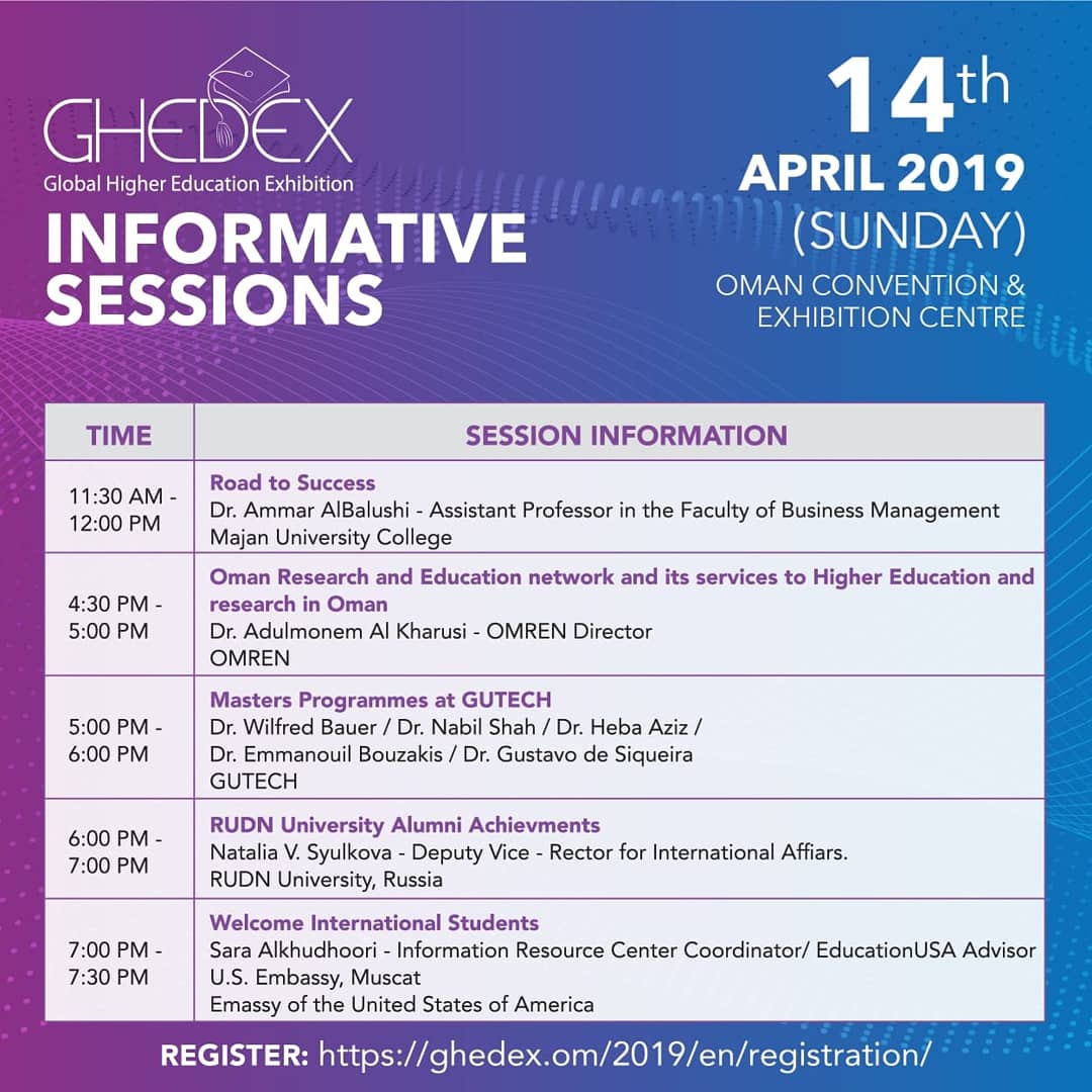 gedexglobal's tweet photo. This year at Ghedex, gain more knowledge and engage in the informative sessions on 14th, 15th and 16th April including rich content and enlightening program of speakers on key topics of discussion within the higher education sector.
#Informativesessions #Ghedex2019 #omanevents https://t.co/e6vPNvzeSU
