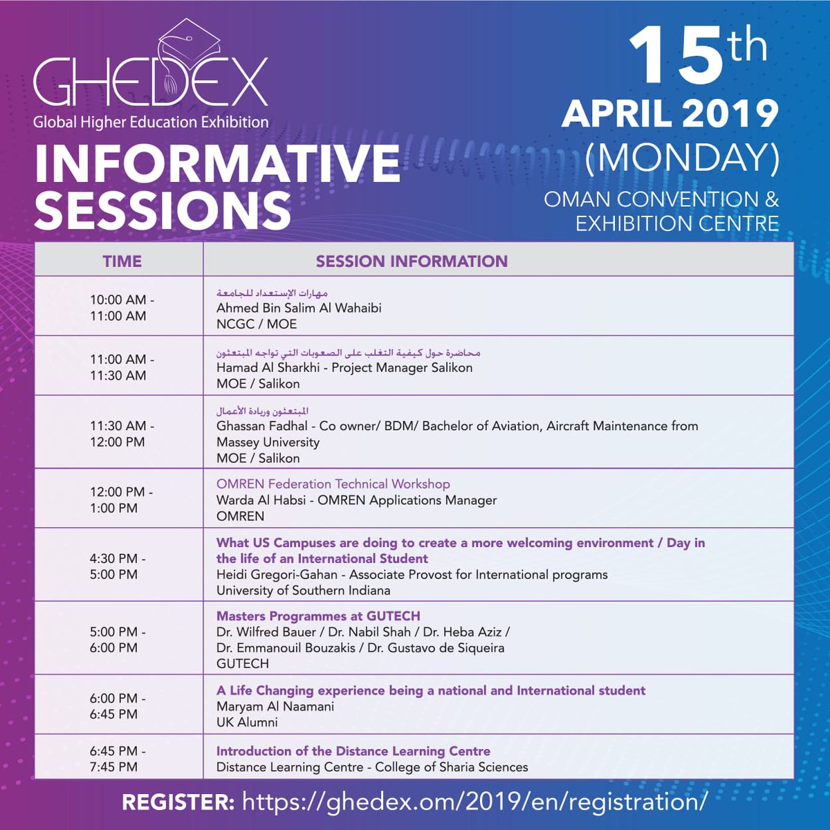 gedexglobal's tweet photo. This year at Ghedex, gain more knowledge and engage in the informative sessions on 14th, 15th and 16th April including rich content and enlightening program of speakers on key topics of discussion within the higher education sector.
#Informativesessions #Ghedex2019 #omanevents https://t.co/e6vPNvzeSU