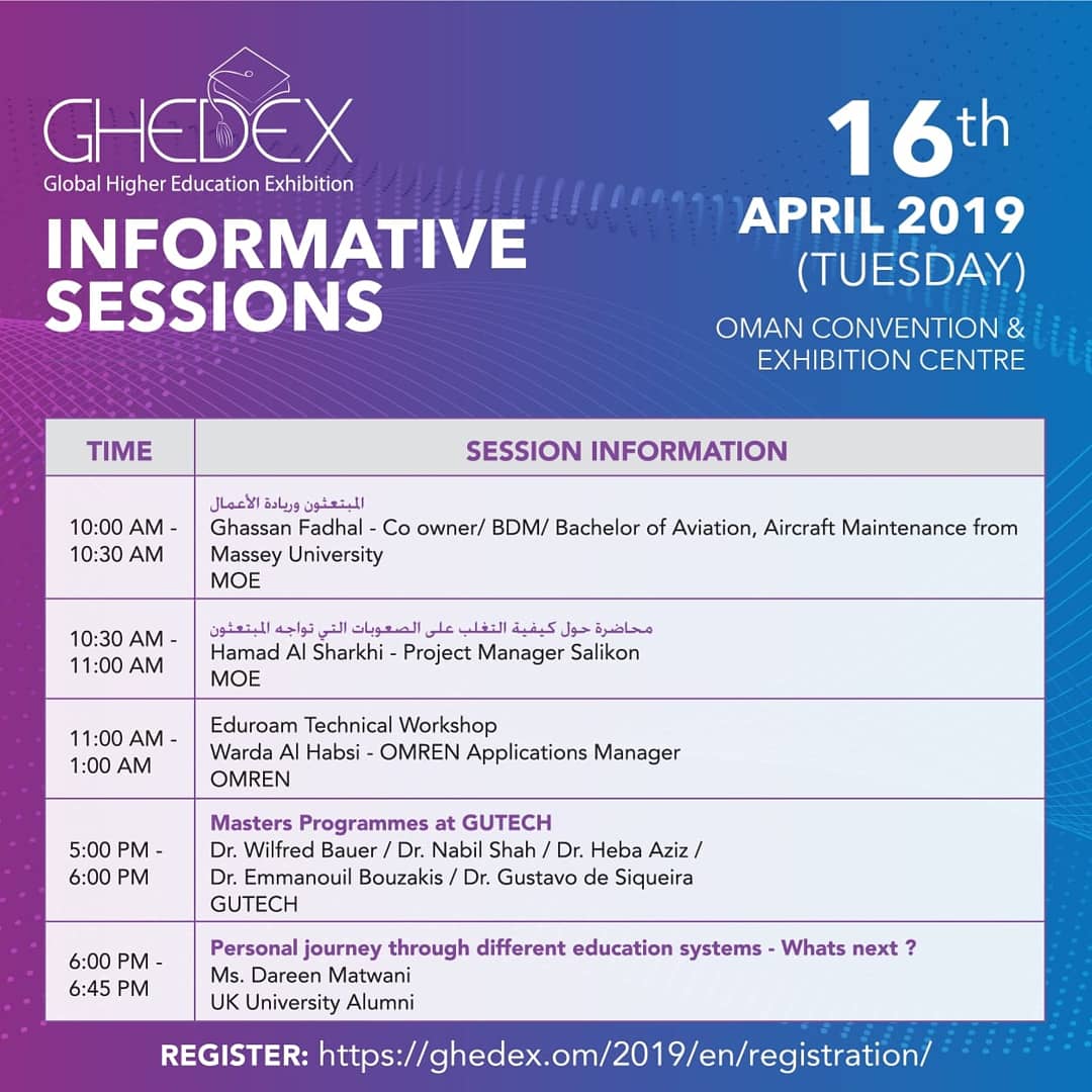 This year at Ghedex, gain more knowledge and engage in the informative sessions on 14th, 15th and 16th April including rich content and enlightening program of speakers on key topics of discussion within the higher education sector. 

#Informativesessions #Ghedex2019 #omanevents