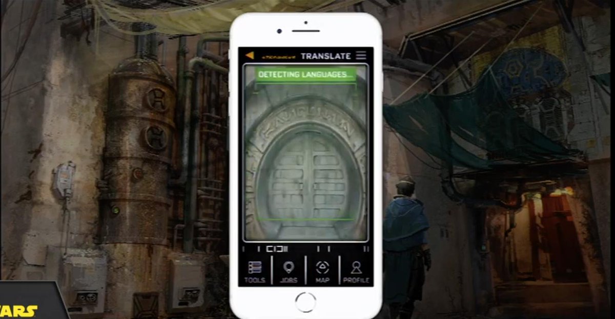 AshleyLCarter1's tweet photo. #StarWars: #GalaxysEdge visitors can use the Play Disney Parks app to unlock other interactive features in the land. You can use the app to hack into droids, translate wording on buildings and scan cargo crates located throughout the land. #StarWarsCelebration #SWCC https://t.co/Qk4PdA82gH