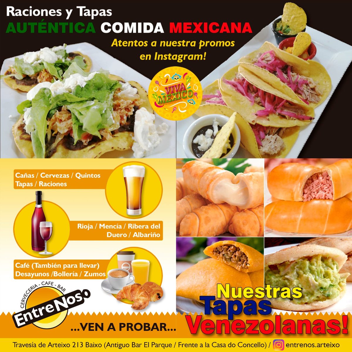 EntrenosA's tweet photo. En #Arteixo hay un lugar para compartir entre amigos, entre panas, entre cuates.
Tapas españolas, antojitos mexicanos, sabores venezolanos. 

Ven a visitarnos, frente a la Casa do Concello
#ArteixoMola #ArteixoCalidade #VenezolanosEnCoruña #VenezolanosEnArteixo https://t.co/h7RQhj9gEQ