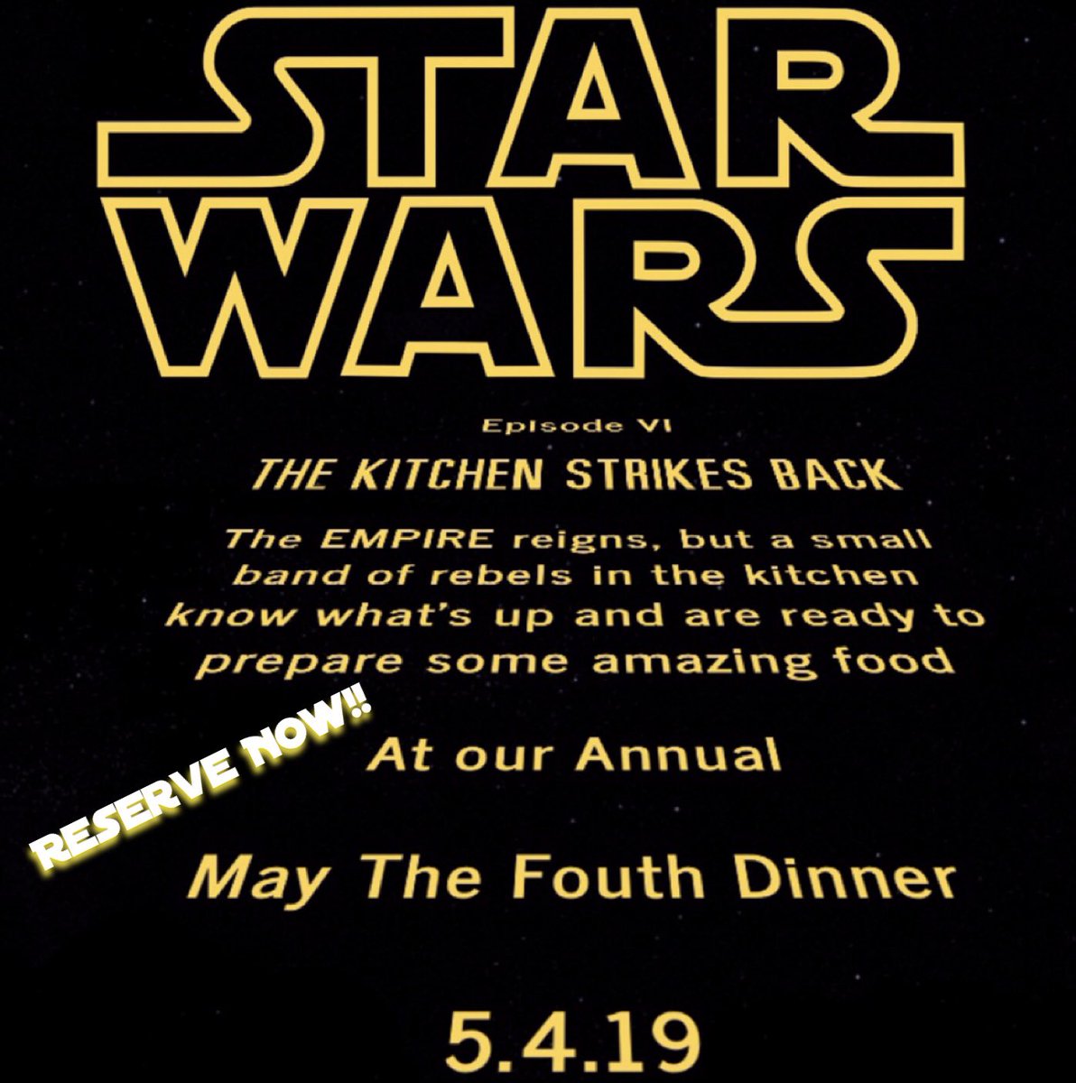 Reservations are open and a few seats remain for our annual Star Wars #maythefourth  dinner ! #mtfbwy #starwars #dinner #Portland #maine