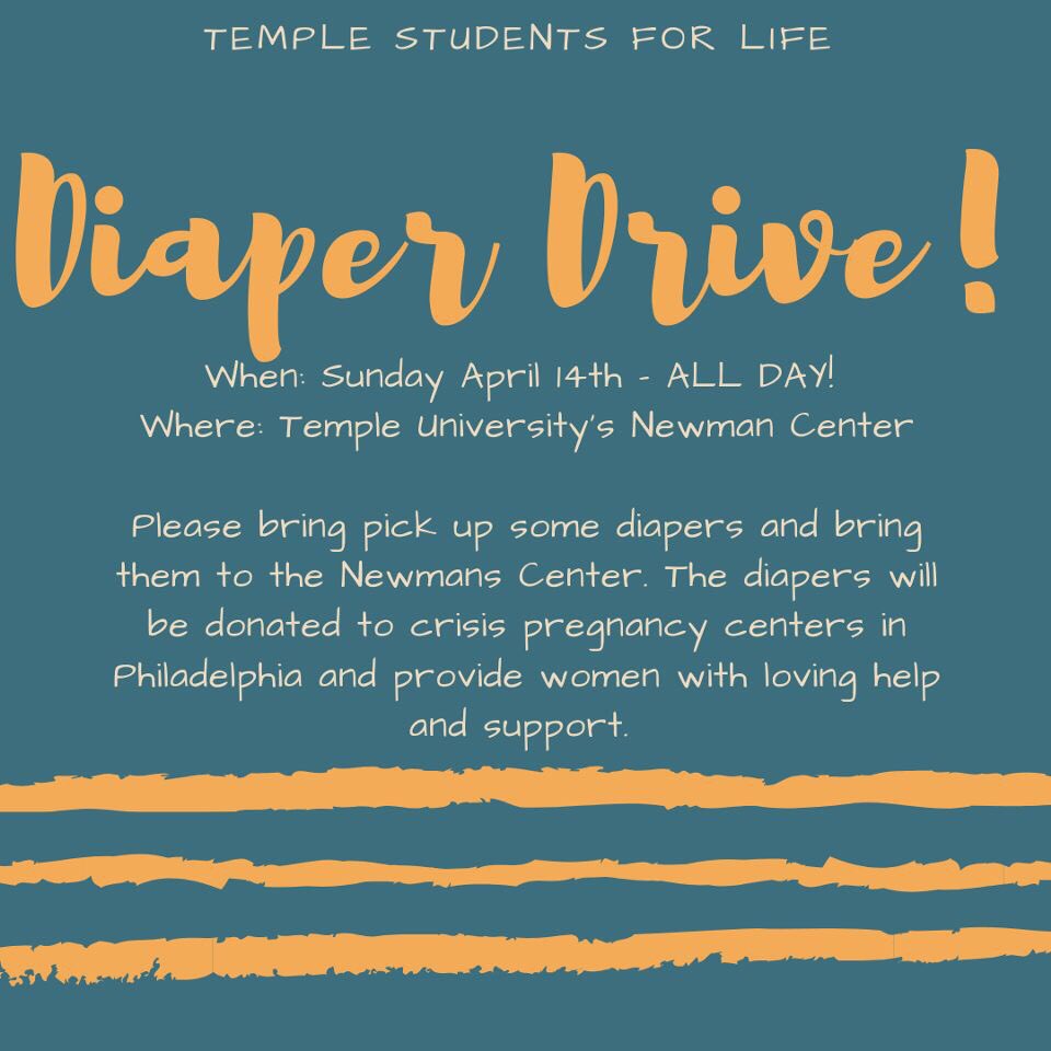 TUNewmanCenter's tweet photo. If you have any baby diapers to donate make sure to bring them to the Newman Center at any time tomorrow! These will help mothers in need. See you then! https://t.co/h1kCyhnIH2