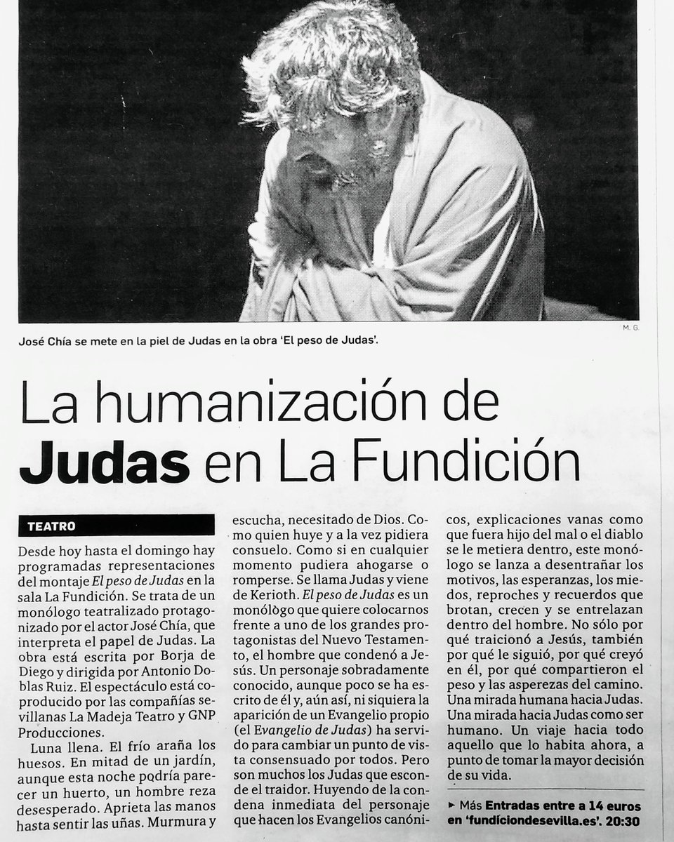 La_Fundicion's tweet photo. Hoy último día para disfrutar de #ElPesodeJudas de @LaMadejaTeatro y #GnpProduce en @La_Fundicion!
Recomendado en la sección Ocio 'Salir al teatro' de #DiariodeSevilla #PilarLarrondo Con @josechia dirige #AntonioDoblas
#texto @dediego #teatrosevilla #SSantaSevilla19 #Culturasev https://t.co/l7UEvmpj1O