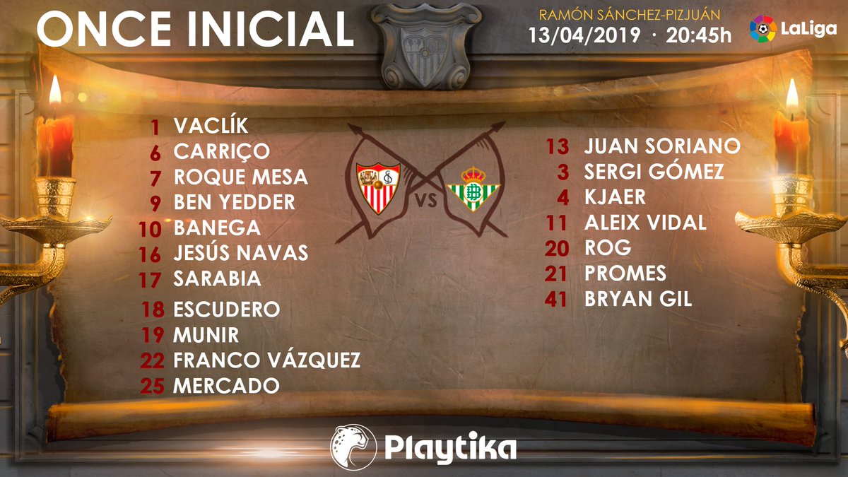 🚨 XI del #SevillaFC 🆚 <a href="/RealBetis/">Real Betis Balompié 🌴💚</a> 

Vaclík - Jesús Navas, Mercado, Carriço, Escudero - Sarabia, Banega, Franco Vázquez, Roque Mesa - Munir y Ben Yedder.

#ElGranDerbi 
#vamosmiSevilla
