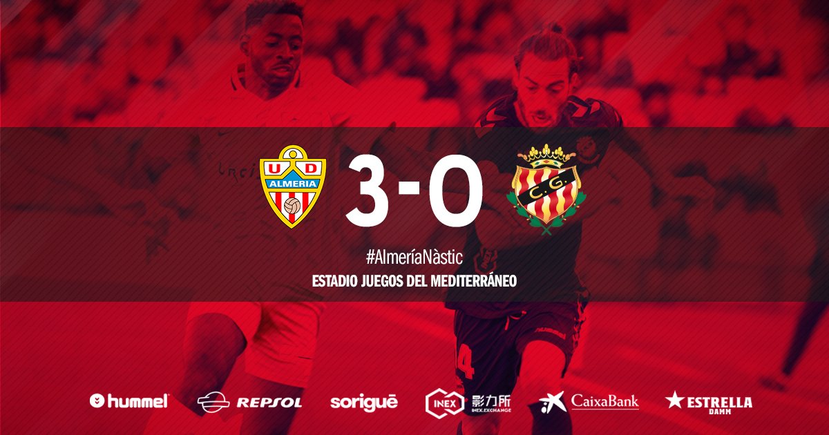 NASTICTARRAGONA's tweet photo. Final a Almería. El conjunt grana rep un contundent resultat en contra i veu com la zona de permanència s'allunya. |3-0| #nasticlive 

#AlmeríaNàstic 
💪🔴⚪️ #ForçaNAS https://t.co/WjDxTYsIy4