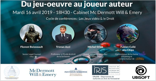[Conférence Evénement] ⚖️🎮
Du jeu-oeuvre au joueur auteur
Tristan Azzi, <a href="/Twisted_Chips/">Ch!ps</a> (<a href="/OGTVLoL/">O'Gaming LoL</a> ), Florent Boisneault (<a href="/UbisoftFR/">Ubisoft FR 🇫🇷</a>) et Michel Struk (<a href="/SeraphinLegal/">Seraphin.legal</a>) vous invitent à un débat mêlant #droitdauteur et #jeuxvideo. A vos marques, prêt, jouez ▶️ bit.ly/2Iw77Ot