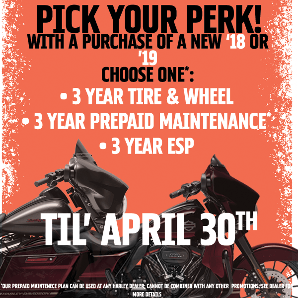 WoodstockHarley's tweet photo. NOW 'til end of April, when you buy a new '18 or '19 you can pick your perk!
- 3 year tire &amp; wheel
- 3 year prepaid maintenance
- 3 year ESP
#pickyourperk #pickyourpurchase #whdperks #bikeperks #perkpromo #ESP #tireandwheel #prepaidmaintenance #woodstockharley #aprilsales https://t.co/xhbC4s3v5j