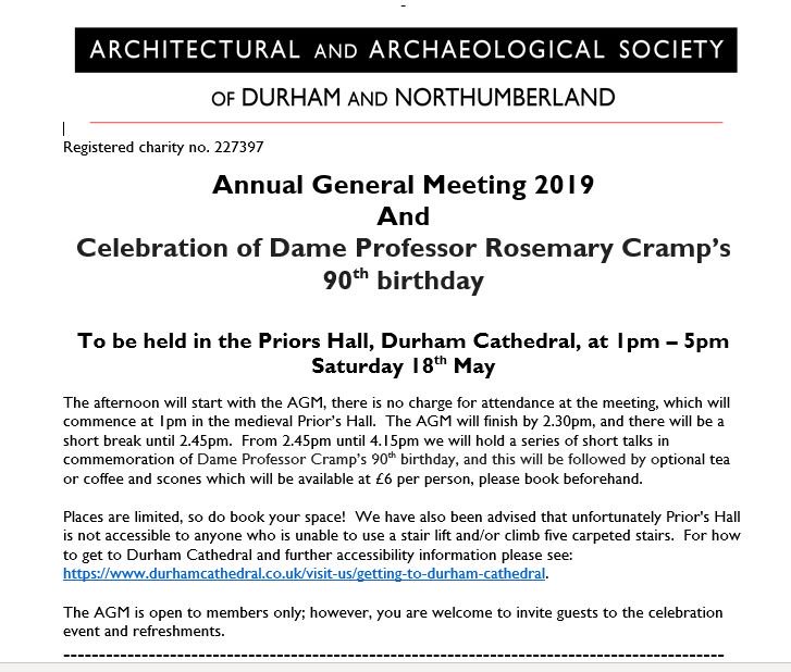 Our 2019 AGM looks set to be a really special occasion ...it only includes a celebration of Dame Professor Rosemary Cramp’s 90th birthday!!! British #Archaeologist, academic &amp; first female professor at <a href="/durham_uni/">Durham University</a> 
18 May, Priors Hall <a href="/durhamcathedral/">Durham Cathedral</a> See: aasdn.org.uk/lectures.htm